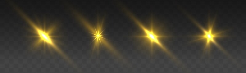 Golden light star, yellow sun rays, flash sparkles