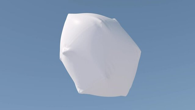 White polyhedron, cloth effect. Blue background. Abstract animation, 3d render.