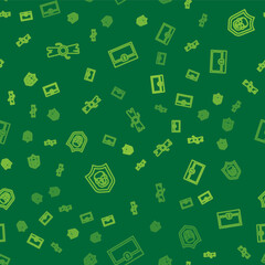 Set line Decree, parchment, scroll, Shield with pirate skull and Antique treasure chest on seamless pattern. Vector