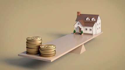 Home and money coins stack on scale.Concept for real estate property investment and house mortgage financial.3d rendering