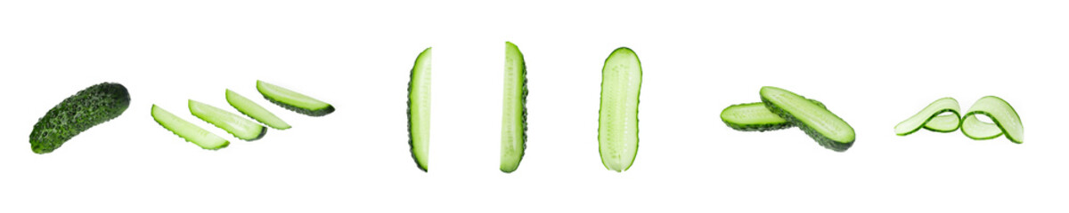 Collection of fresh green cucumbers isolated on white background. Set of multiple images. Part of series