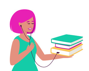 The girl listens to an audiobook with headphones. The concept of audiobooks. A woman listens to books online, studies and enjoys literature. Flat vector illustration.