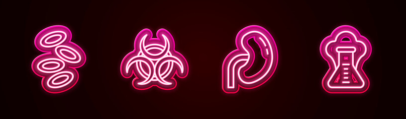 Set line Hemoglobin, Biohazard symbol, Human kidney and Chemical explosion. Glowing neon icon. Vector