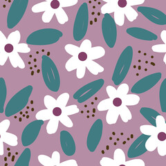 Seamless spring pattern with white flower,green leaves and dot on purple background.cute flower hand drawn.