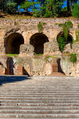 Palatine Hill, view of the ruins of several important ancient  buildings, Rome, Italy