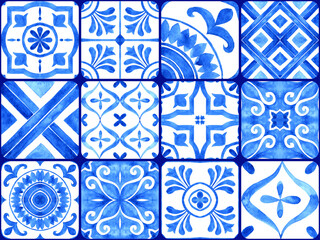 Portuguese azulejo tiles collection. Blue and white gorgeous seamless pattern.