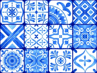 Gordijnen Portugese azulejo tegels collectie. Blauw en wit prachtig naadloos patroon. © liliia_sinhina
