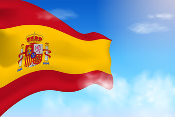 Fototapeta premium Spain flag in the clouds. Vector flag waving in the sky. National day realistic flag illustration. Blue sky vector.