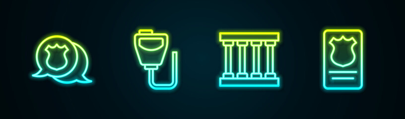 Set line Police badge, Walkie talkie, Prison window and with id case. Glowing neon icon. Vector