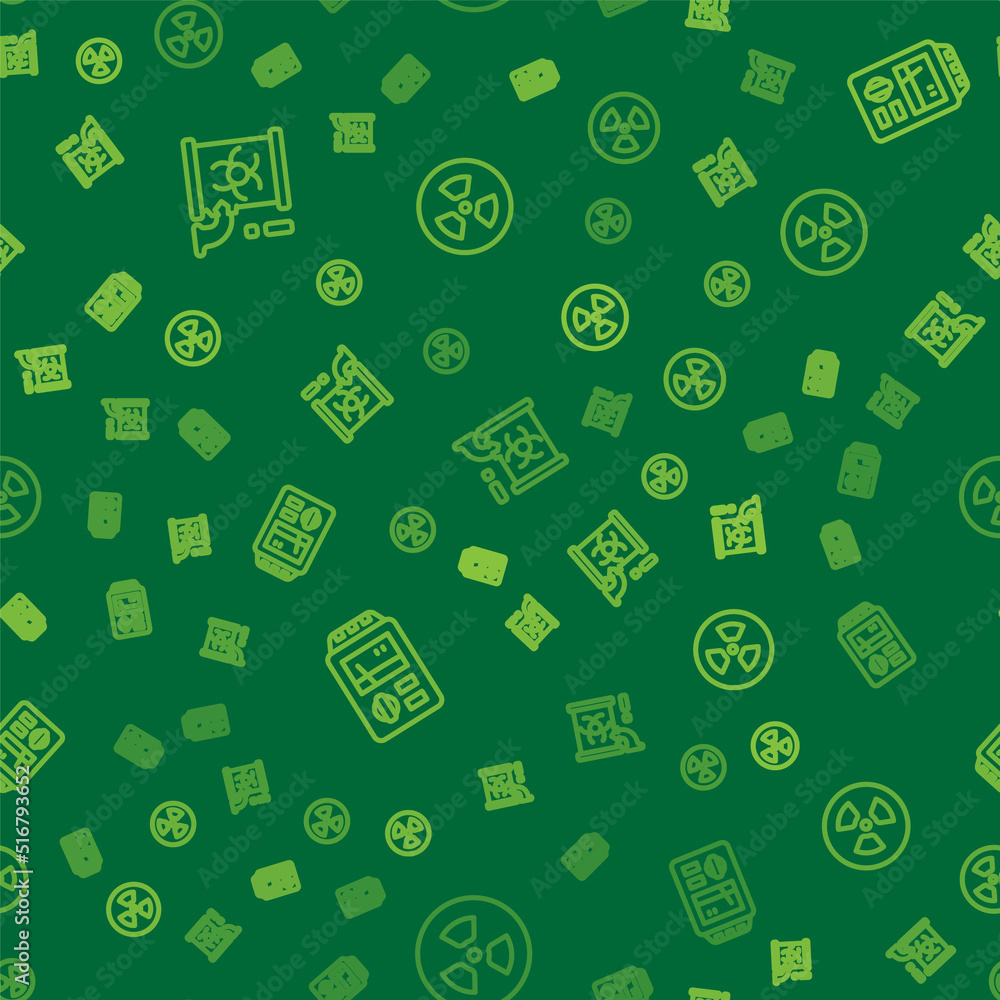 Poster set line radioactive waste in barrel, dosimeter and on seamless pattern. vector