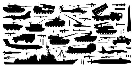 armed forces silhouette set. Collection of various realistic military vehicles and firearms. Vector illustration