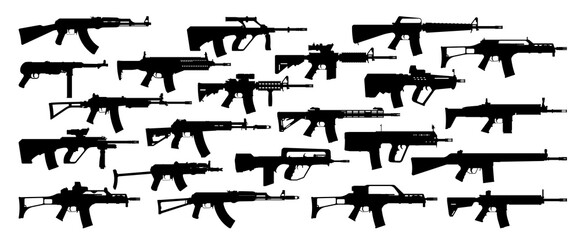 Weapons silhouette set. Collection of various assult rifles. Vector illustration