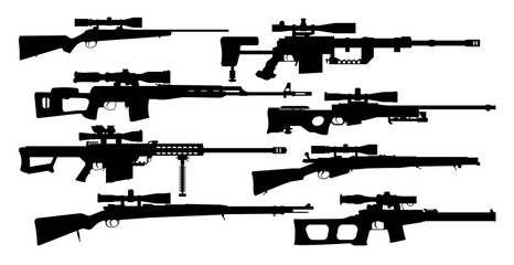Weapons silhouette set. Collection of various sniper rifles. Vector illustration - obrazy, fototapety, plakaty