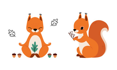 Red Fluffy Squirrel with Bushy Tail Sitting and Meditating in Yoga Pose Vector Set