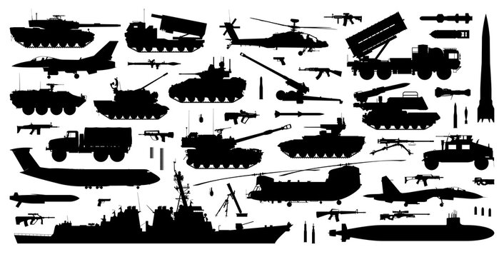 armed forces silhouette set. Collection of various realistic military vehicles and firearms. Vector illustration