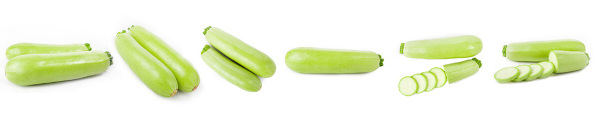 Zucchini or marrow isolated on white background. Set or collection.