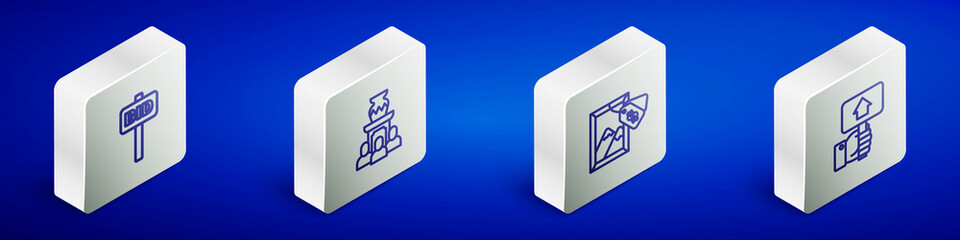 Set Isometric line Hand holding auction paddle, Auction ancient vase, painting and icon. Vector