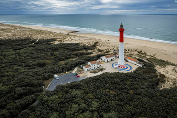 Coubre Lighthouse on the ocean, Drone view, 2021, France, La Palmyre