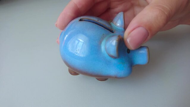Hand holds coin into a piggy bank, financial concept