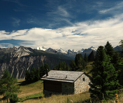 Panoramic view from Aminona-Sur-Sierre mountain village, Valais, Switzerland, Matterhorn, Weisshorn.