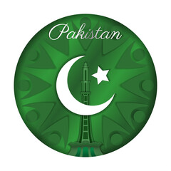 a paper-cut postcard in honor of Pakistan's independence Day celebration. vector illustration