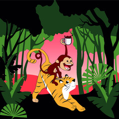 Funny monkey riding a tiger,  jungle, backgound, vector jungle illustration. Tropical jungle illustration background with apes