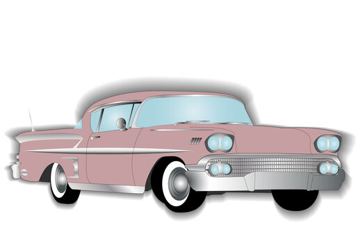 pink vintage American car on a white background. vector illustration