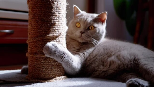 Gray Fluffy Cat Holds a Scratching Post with Paws, Claws in the Rays of Sunlight. A tired British cat lies on the floor in the sun, rests, and holds the rope with its paws. Sharpening claws at dawn.