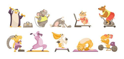Animal characters doing sport cartoon illustration set. Cute pets lifting dumbbells, practicing yoga, running on treadmill, jumping rope, stretching, doing step-aerobics. Fitness, activity concept