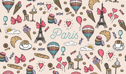 Set of hand drawn French icons, Paris sketch illustration. Vector.	