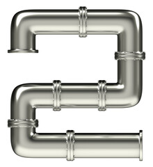 Number 2 made of steel pipes, isolated on white, 3d rendering