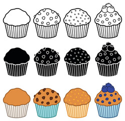 Muffin Clipart Set - Outline, Silhouette and Color