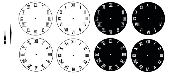 Roman Clock Face Template Clipart Set - Outline and Silhouette - obrazy, fototapety, plakaty