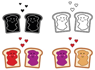 Cute Peanut Butter and Jelly / Jam Toast Characters - Outline, Silhouette and Color