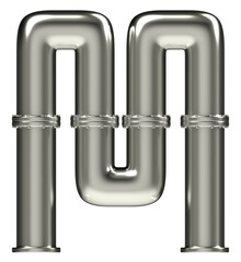 Letter M made of steel pipes, isolated on white, 3d rendering