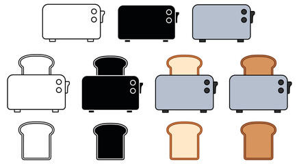 Toaster with Slice of Bread / Toast Clipart Set - Outline, Silhouette and Color