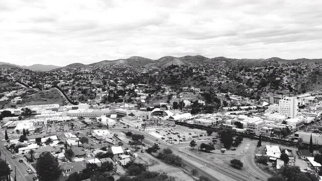 International Border US Mexico, Port Of Entry In Nogales, Arizona. Black And White Drone 4k.