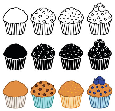 Muffin Clipart Set - Outline, Silhouette And Color