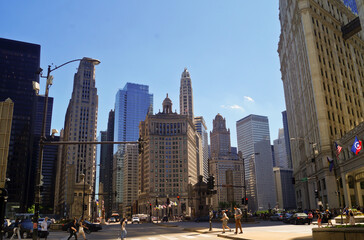 Fototapeta na wymiar Chicago skyline of downtown buildings on a summer day with blue sky