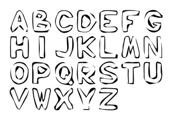 English alphabet in doodle style with uneven contours. Stickers. It seems that the letters are carelessly cut out. Hand Drawn. Freehand drawing. Sketch.