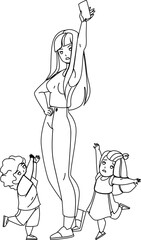 Children Gadget Addiction Modern Problem Vector. Kids Boy And Girl Crying And Wanting Smartphone, Mother Struggling With Gadget Addiction. Characters Electronic Device black line illustration