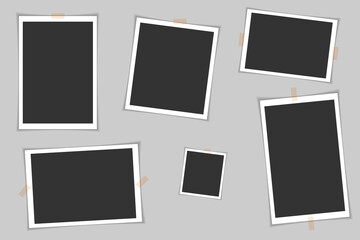 Photo frames with adhesive tape . Photo realistic vector makeup of different size on gray background.
