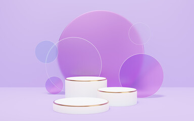 3 white marble cylinder podium with gold border on glass arch circle purple background. Empty pedestal mockup space for display product design. Abstract minimal studio geometric object. 3d rendering.
