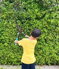 Little boy pruning tree with big clippers in the garden.Little boy taking care of garden