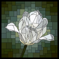 Vector square mosaic with blooming white tulip flower in stained glass window.