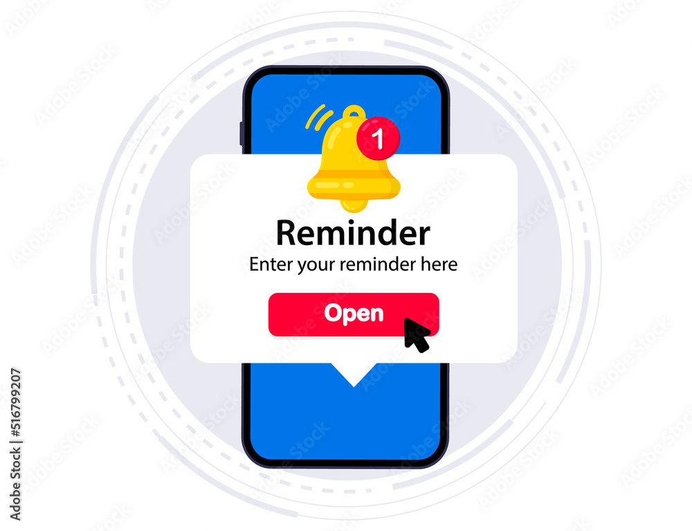Aufkleber Smartphone with alarm clock reminder message on screen. New notice on the phone. Alert notification with notification bell. Important reminder. Important event push message. Timer notification