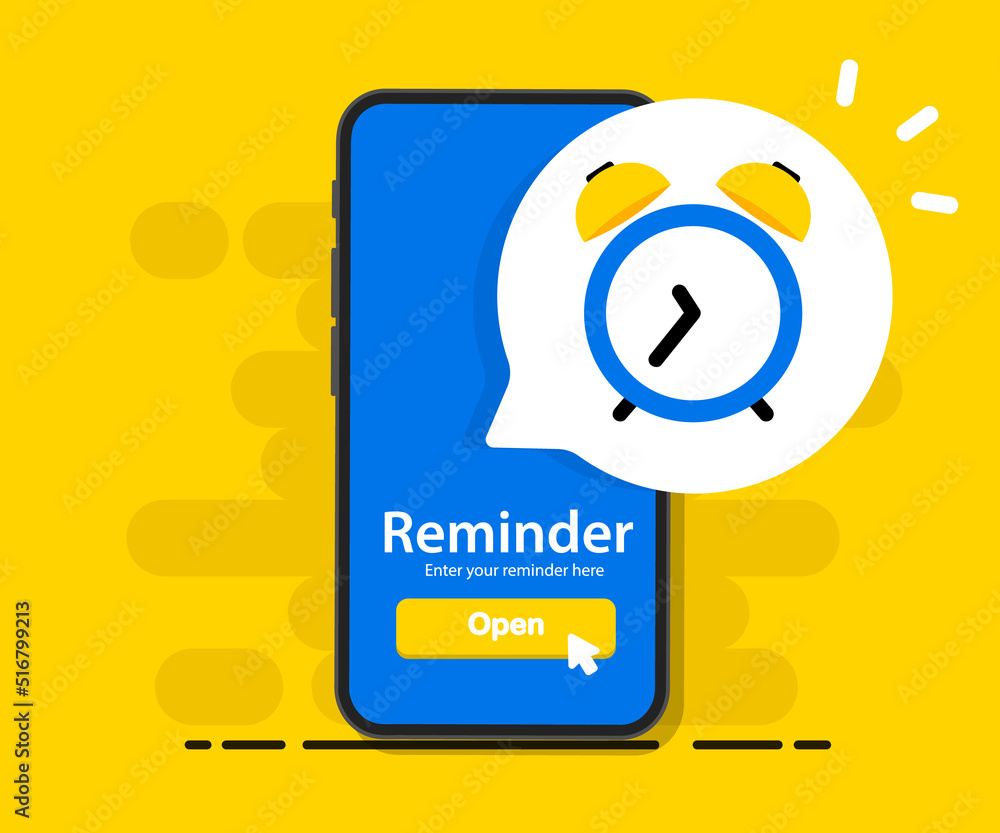 Poster smartphone with alarm clock reminder message on screen. new notice on the phone. alert notification 