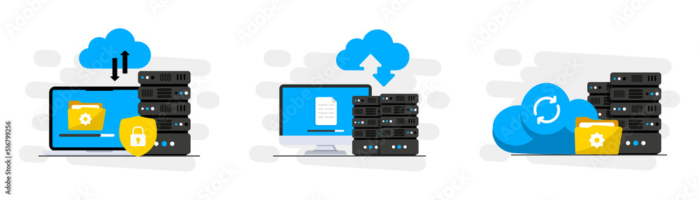Aufkleber Online Cloud computing. Data Center. Web hosting service. Database for documents and file. Cloud storage. Upload and download data, file management. Data transfering, backup. Vector illustration
