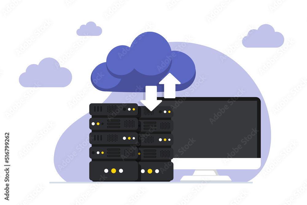 Poster Online Cloud computing. Data Center. Web hosting service. Database for documents and file. Cloud storage. Upload and download data, file management. Data transfering, backup. Vector illustration