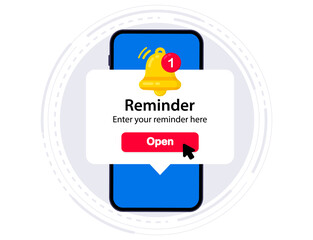 Smartphone with alarm clock reminder message on screen. New notice on the phone. Alert notification with notification bell. Important reminder. Important event push message. Timer notification